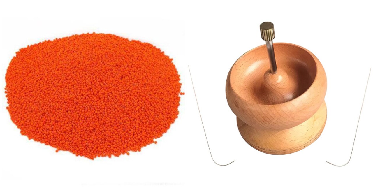 Large Wooden Bead Spinner 4.5" Diameter, 2 Beading Needles, 500 g Orange Seed Beads 11/0